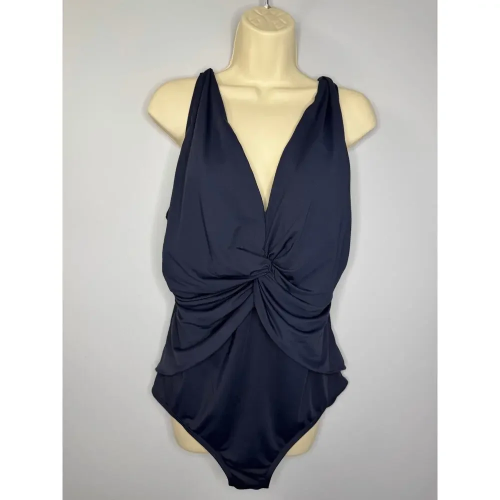 MICHAEL KORS Deep V-Twist Solid Navy One Piece Women's 20W